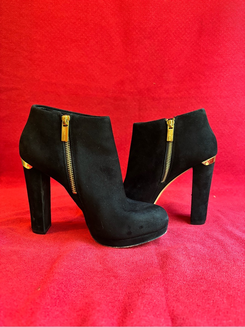 Michael Kors Black Suede High‑Heel Ankle Booties with Gold Trim